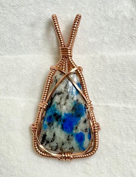 Trapezoid K2 Azurite Gemstone Wire Wrapped Pendant